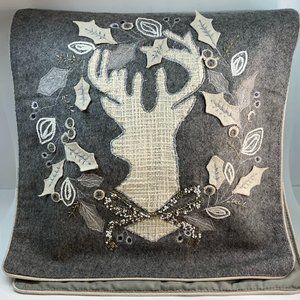 Ridgefield Homes Deer Stag Beaded & Appliqued Gray Wool Table Runner